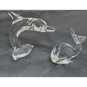 Dolphin Whale Figurines Miniature 2 Inch‎ Pair Clear Hand Blown Crystal Glass